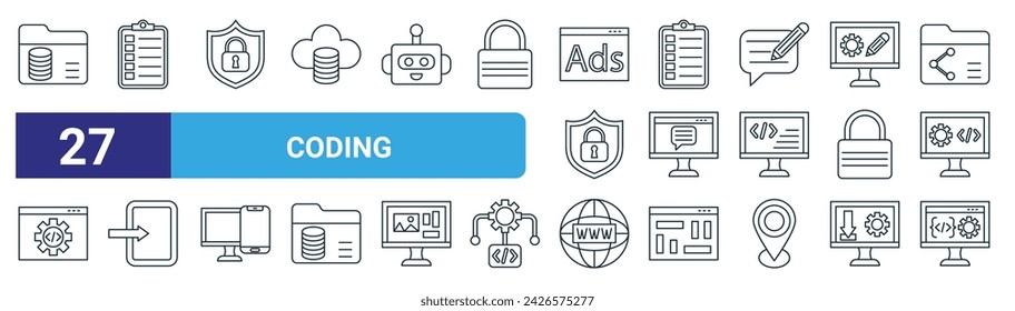 set of 27 outline web coding icons such as big data, checklist, security system, checklist, pop up, log in, domain, software development vector thin line icons for web design, mobile app.