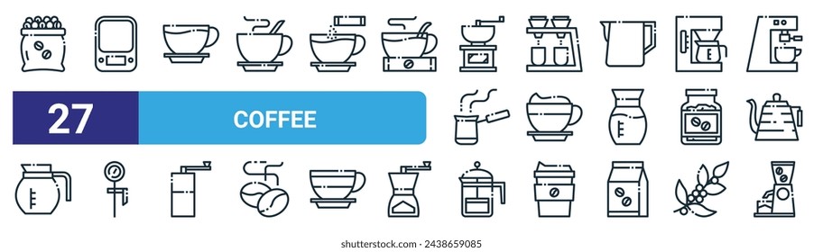 conjunto de 27 iconos de café web de contorno tales como bolsa de café, escala de alimentos, americano, gotero, capuchino, termómetro, prensa francesa, molinillo de café vector de línea delgada iconos para diseño web, aplicación móvil.
