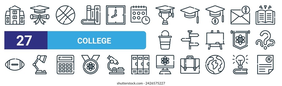 set of 27 outline web college icons such as college, diploma, basketball, mortarboard,  , desk lamp, computer, exam vector thin line icons for web design, mobile app.