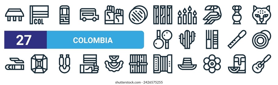 set of 27 outline web colombia icons such as wayuu, colombia, bag, día de las velitas, cactus, emerald, accordion, tiple vector thin line icons for web design, mobile app.