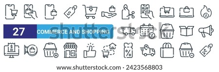 set of 27 outline web commerce and shopping icons such as online shop, online shop, ecommerce, qr code, calendar,  , coupon, discount vector thin line icons for web design, mobile app.