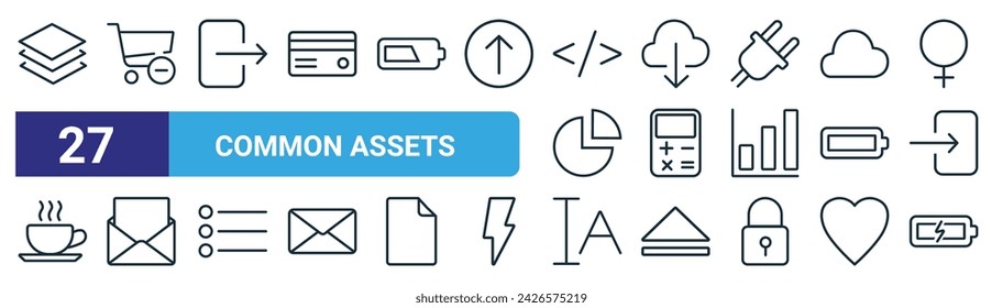 set of 27 outline web common assets icons such as layer, cart minus,  , download, calcuation, open email, font size, battery full vector thin line icons for web design, mobile app.