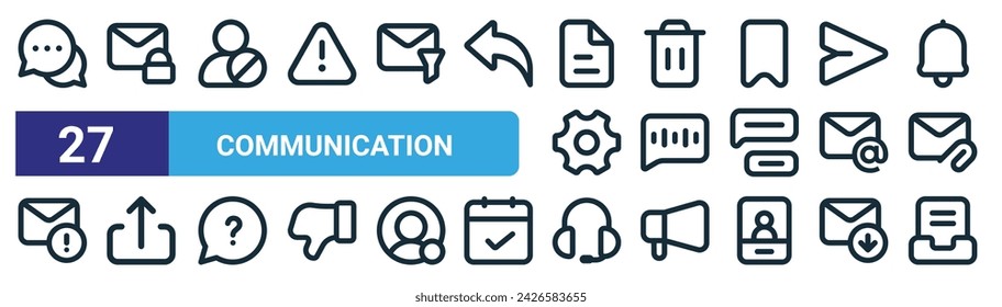 conjunto de 27 iconos de comunicación web esquemática, como burbuja de chat, cifrar, bloquear usuario, eliminar, mensaje de voz, compartir, soporte al cliente, vector de archivo de línea fina iconos para el diseño web, aplicación móvil.