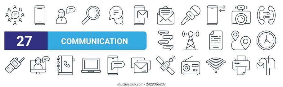 set of 27 outline web communication icons such as communications, smartphone, speech, microphone,  , online communication, satellite, mail box vector thin line icons for web design, mobile app.