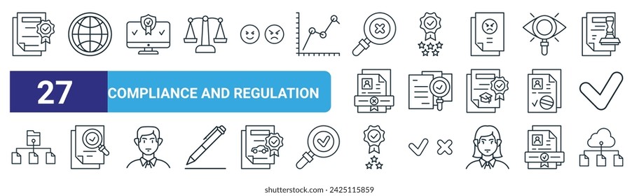 conjunto de 27 iconos de cumplimiento y regulación web esquemática como certificado, internet, calidad, medalla, análisis, medalla, vector de computación en la nube iconos de línea delgada para diseño web, aplicación móvil.