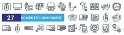 Set Of 27 Outline Web Computer Component Icons Such As Mouse Pad, Monitor, Ethernet Port, Power Cable, Laptop, Mouse, Fan, Vga Cable Vector Thin Line Icons For Web Design, Mobile App.