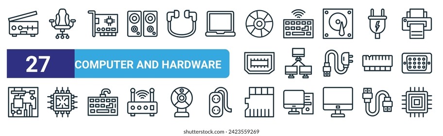 set of 27 outline web computer and hardware icons such as scanner, chair, network interface card, wireless keyboard, lan, cpu,  , microprocessor vector thin line icons for web design, mobile app.