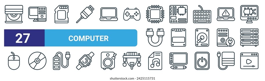 set of 27 outline web computer icons such as cd rom, computer,  , motherboard, ssd, cd, music file, video player vector thin line icons for web design, mobile app.