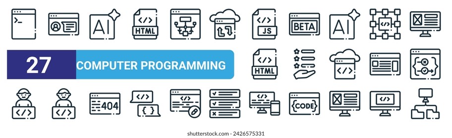 set of 27 outline web computer programming icons such as terminal, customer review, artificial intelligence, beta, new features, programmer, adaptive, network vector thin line icons for web design,