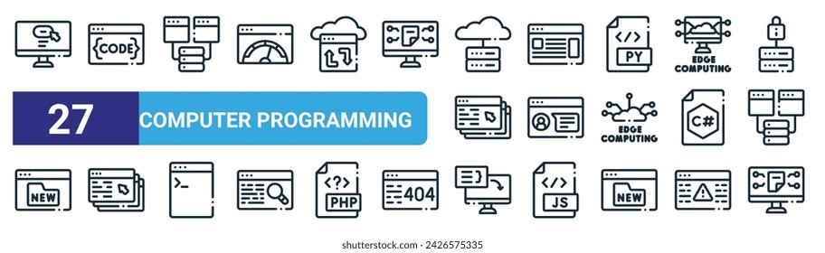 set of 27 outline web computer programming icons such as web button, coding, server, web browser, customer review, windows, compiler, protocol vector thin line icons for design, mobile app.