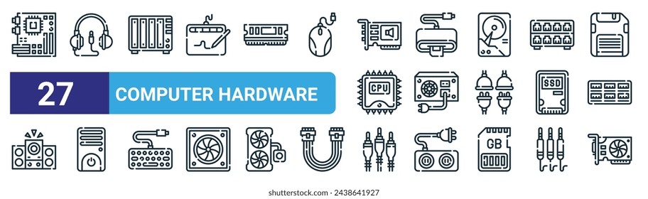 set of 27 outline web computer hardware icons such as motherboard, headphone, nas, card reader, power supply, cpu tower, cables, vga card vector thin line icons for web design, mobile app.