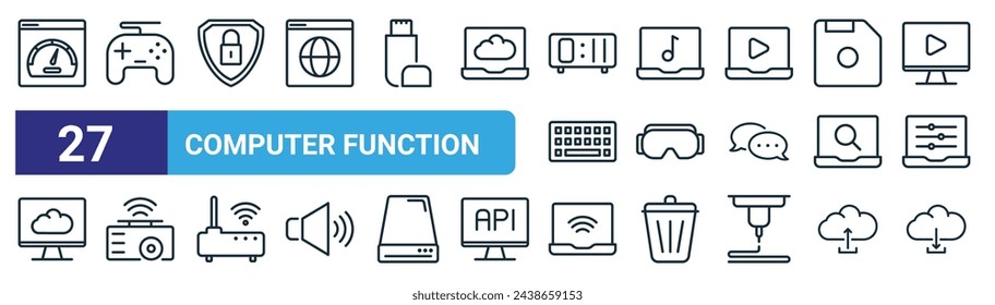 set of 27 outline web computer function icons such as speedometer, gaming, security, music, virtual reality glasses, projector, wifi, cloud download vector thin line icons for web design, mobile