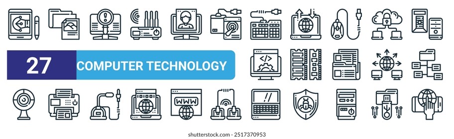 set of 27 outline web computer technology icons such as tablet, file type, spyware, world wide web, ram, printer, laptop, touch screen vector thin line icons for web design, mobile app.