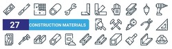 Set Of 27 Outline Web Construction Materials Icons Such As Plank, Chisel, Concrete, Glove, Crossed Hammers, Caliper, Steel, Helmet Vector Thin Line Icons For Web Design, Mobile App.