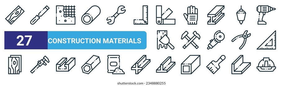 set of 27 outline web construction materials icons such as plank, chisel, concrete, glove, crossed hammers, caliper, steel, helmet vector thin line icons for web design, mobile app.