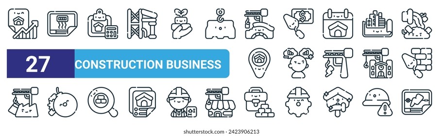 set of 27 outline web construction business icons such as feasiblity, duct plans, cost, budget, feasiblity, demolition, construction, electrical vector thin line icons for web design, mobile app.