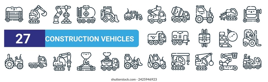 Set von 27 Outline Web Bau Fahrzeuge Icons wie Hind Kutsche, Bagger, Robotik, Mixer LKW, Anhänger, Sattelschlepper, Bagger, Sattelschlepper, Sattelschlepper Vektor dünne Linie Icons für Web-Design, mobile App.