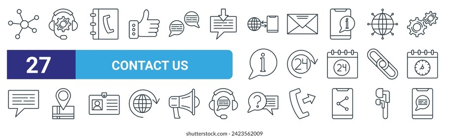 set of 27 outline web contact us icons such as connection, technical support, phone book, mail, open hours, map location, question, smartphone vector thin line icons for web design, mobile app.