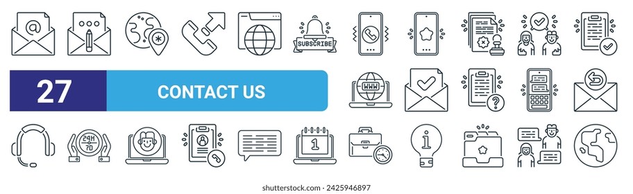 Satz von 27 Outline Web Kontakt uns Icons wie E-Mail, Feedback, Standort, Smartphone, Lesen, , Geschäftszeiten, World Vector Thin Line Icons für Web Design, mobile App.