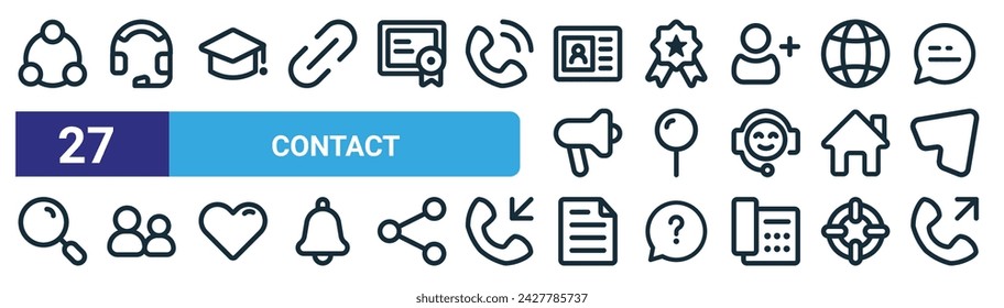 set of 27 outline web contact icons such as share, customer support, education, achievement, location, group, document, call out vector thin line icons for web design, mobile app.