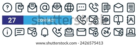 set of 27 outline web contact icons such as question, email, open email, phone call, inbox, chat, envelope, online support vector thin line icons for web design, mobile app.