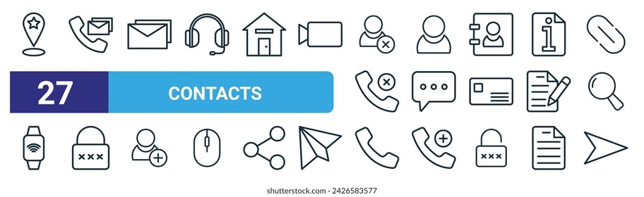set of 27 outline web contacts icons such as contacts, contacts, vector thin line icons for web design, mobile app.