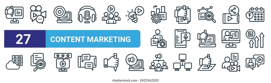 set of 27 outline web content marketing icons such as content writing, storytelling, target, script, voice message, audit, affiliate, video chat vector thin line icons for web design, mobile app.