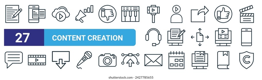 set of 27 outline web content creation icons such as writing, ebook, video player, creator, copywriting, film, message, copyright vector thin line icons for web design, mobile app.