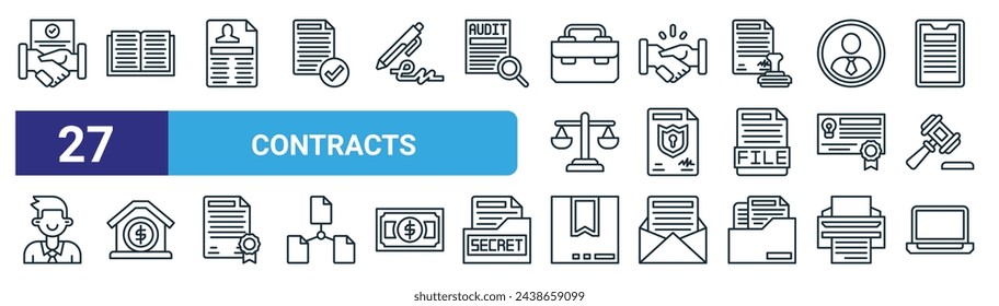 set of 27 outline web contracts icons such as agreement, book, cv, handshake, confidential, mortgage, box, laptop vector thin line icons for web design, mobile app.