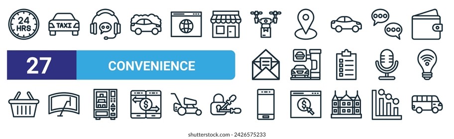 set of 27 outline web convenience icons such as hour, taxi,  , map pointer, drive thru, windscreen, smartphone, van vector thin line icons for web design, mobile app.