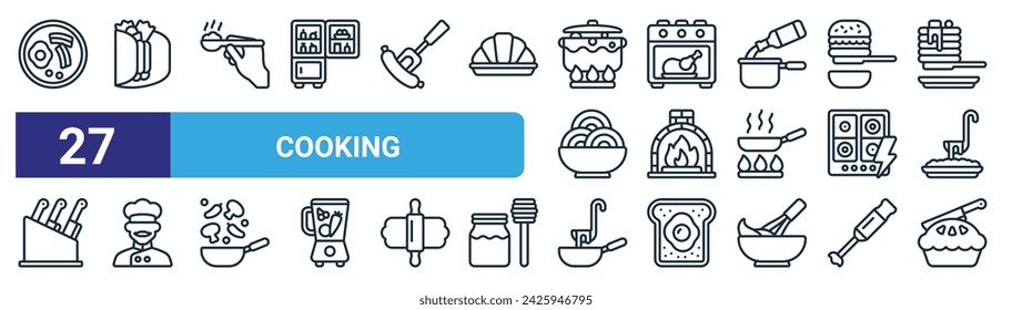 set of 27 outline web cooking icons such as plate, burrito, hand, oven, pizza oven, chef, ladle, pie vector thin line icons for web design, mobile app.