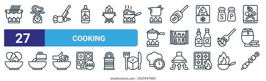 set of 27 outline web cooking icons such as pot, scales, carrot, spatula, cupboard, bowl, chef hat, skewer vector thin line icons for web design, mobile app.
