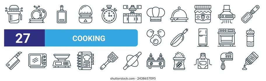 set of 27 outline web cooking icons such as orange squeezer, plate, cutting board, tray, pan, microwave, gas stove, ketchup vector thin line icons for web design, mobile app.