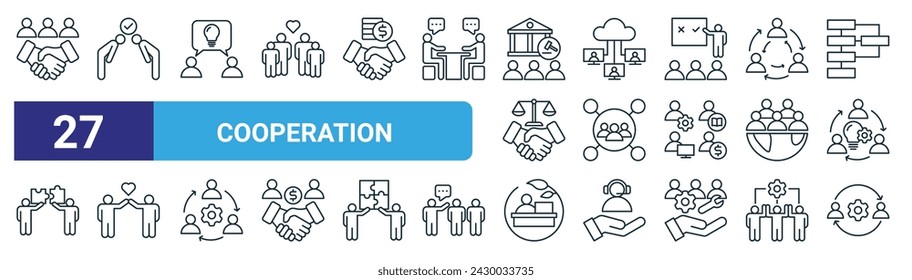 set of 27 outline web cooperation icons such as alliance, respect, understanding, network, unity, solidarity, environment, synergy vector thin line icons for web design, mobile app.