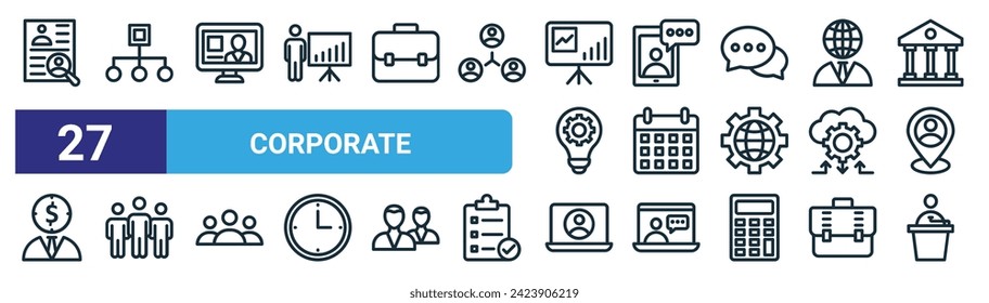 set of 27 outline web corporate icons such as job profile, map, lcd, mobile chat, calendar, teamwork, laptop, conference vector thin line icons for web design, mobile app.