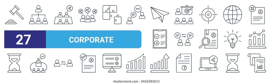 Set von 27 Outline Web Corporate Icons wie Richter, Hierarchie, Verbindung, Meeting, Kommunikation, Meeting, Graph, Bericht Vektor dünne Linie Icons für Web-Design, mobile App.