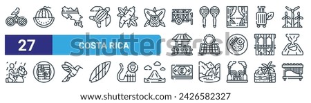 set of 27 outline web costa rica icons such as bird watching, watermelon, costa rica map, maracas, solar panel, tamales, colon, marimba vector thin line icons for web design, mobile app.