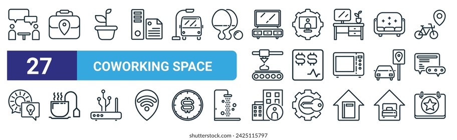 set of 27 outline web coworking space icons such as meeting room, office, plant pot, coworking, invoice, tea, employee, event vector thin line icons for web design, mobile app.