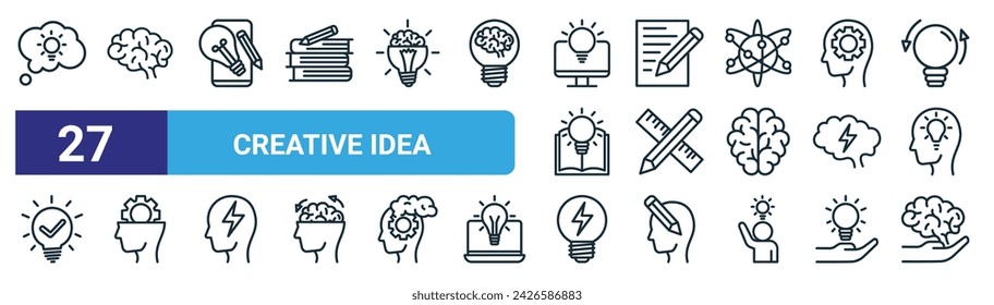 set of 27 outline web creative idea icons such as creative bulb, creative brain, bulb, writer, pencil and ruler, thinking, bulb, brain vector thin line icons for web design, mobile app.