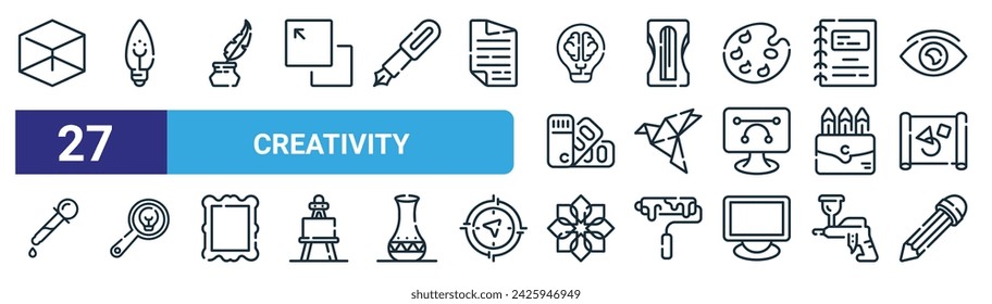 set of 27 outline web creativity icons such as cube, light bulb, inks, sharpener, origami, research, ornament, pencil vector thin line icons for web design, mobile app.