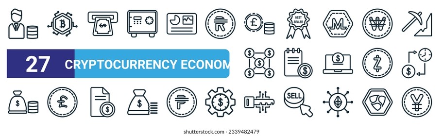 set of 27 outline web cryptocurrency economy icons such as banker, bitcoin, withdraw, best seller, ledger, pound sterling, crypto key, yen vector thin line icons for web design, mobile app.