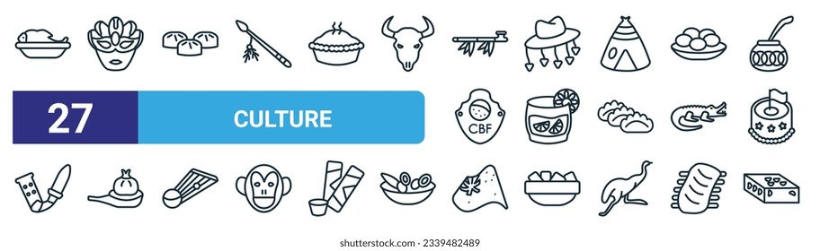 set of 27 outline web culture icons such as imperial carp, brazil carnival mask, steamed bread, cork hat, caipirinha drink glass of brazil, wontons, australian flag, turron vector thin line icons