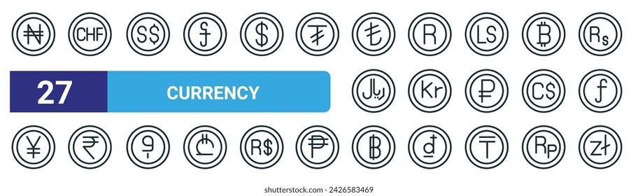 set of 27 outline web currency icons such as naira, franc, currency, rand, krona, indian rupee, baht, zloty vector thin line icons for web design, mobile app.