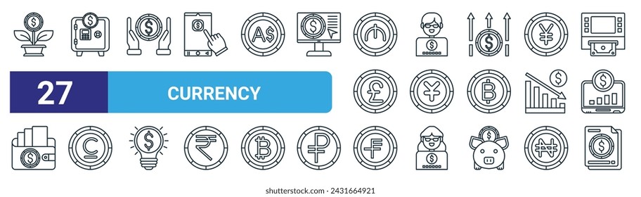 set of 27 outline web currency icons such as grow, safe box, money saving, account, chinese, som, swiss franc, invoices vector thin line icons for web design, mobile app.