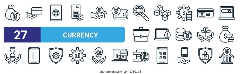 set of 27 outline web currency icons such as money, payment, social network, blockchain, online business, smarthphone, pound sterling, bank vector thin line icons for web design, mobile app.