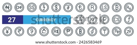 set of 27 outline web currency icons such as naira, franc, currency, rand, krona, indian rupee, baht, zloty vector thin line icons for web design, mobile app.