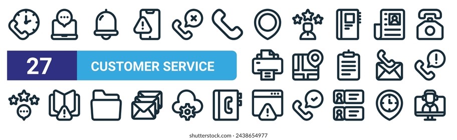 conjunto de 27 iconos de servicio al cliente web de esquema como llamada de tiempo, conversación, timbre de notificación, comentarios positivos, ubicación de mapa, libro abierto, página de error, vector de servicio al cliente iconos de línea delgada para