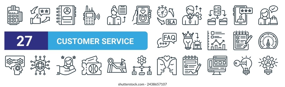set of 27 outline web customer service icons such as pos, review, contact book, personalization, performance, net promoter score, empathy, proactive vector thin line icons for web design, mobile