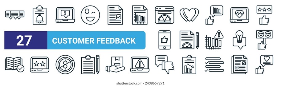 conjunto de 27 iconos de comentarios de clientes web esquemáticos como chat, portapapeles, queja, corazón, puntuación, opinión del cliente, comentarios, testimonios vector de línea fina iconos para el diseño web, aplicación móvil.