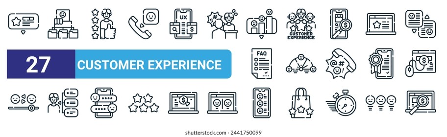 set of 27 outline web customer experience icons such as testimonial, use case, best customer experience, customer experience, use case, paid search vector thin line icons for web design, mobile app.